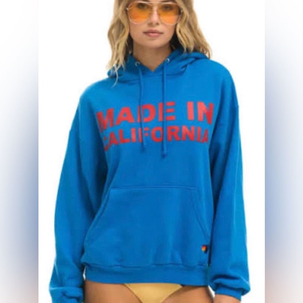 Aviator Nation Blue Pullover Hoodie with Red 'Made in California' Print